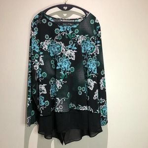Chico's Easy Wear Shirt XL Floral Light Weight Long Sleeves Layered Hem Black